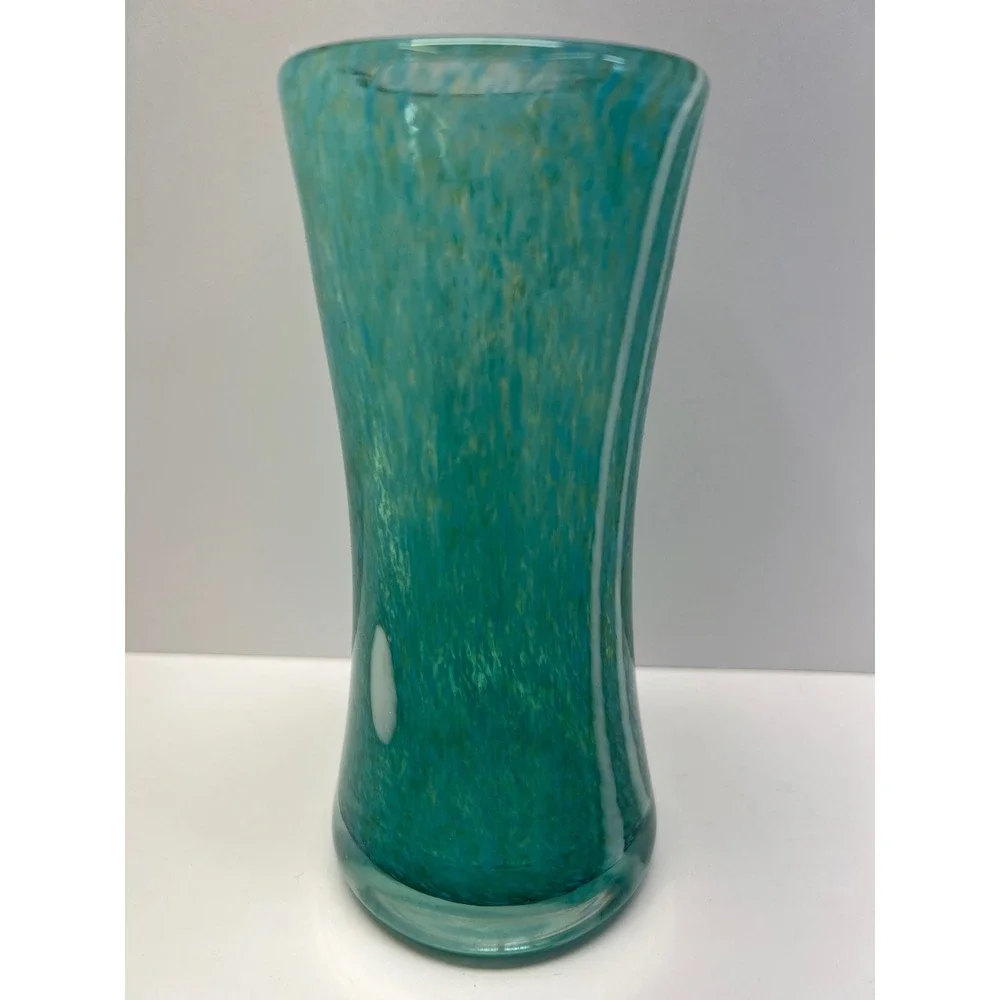Hand Blown Art Glass Vase Mottled Aqua White Overlays Stretched Tapered Heavy